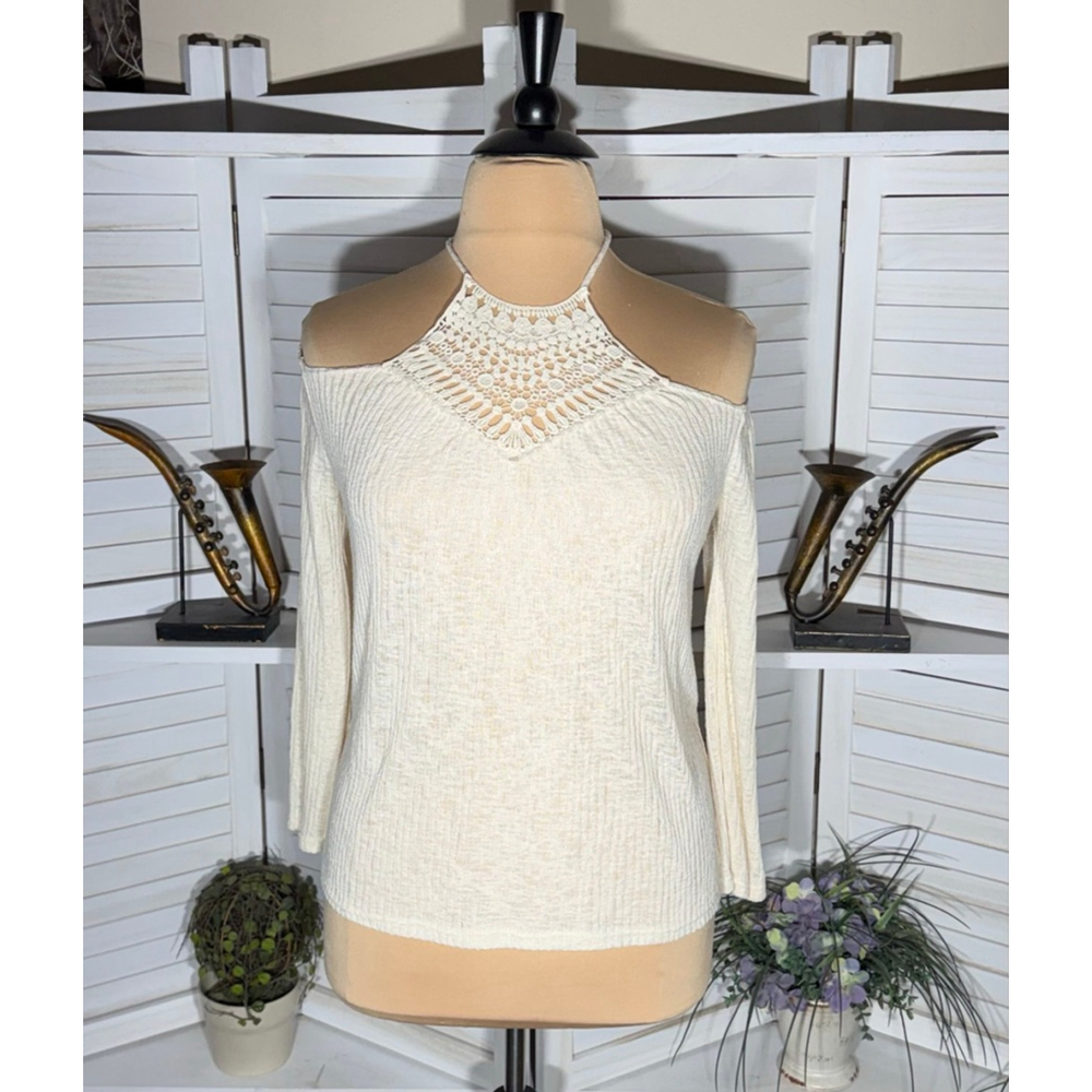Vintage Y2K crochet top cream cold shoulder coquette coastal cowgirl boho fairy